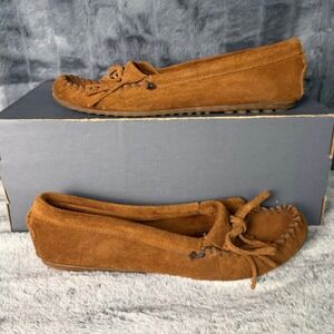 Minnetonka Kilty Fringe Moccasin Womens 9 Brown Suede Slip On Flats 403